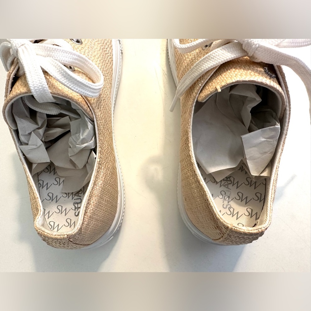 STUART WEITZMAN Ollie Sneakers Woven Raffia Lace Up Shoes Low Top Straw Natural - Picture 11 of 14